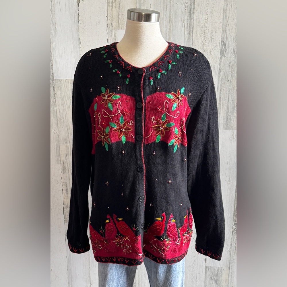 Vintage Cardinal Sweater Embroidered Christmas Cardigan 22W/24W beaded